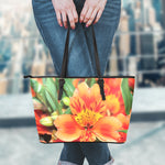 Orange Alstroemeria Print Leather Tote Bag