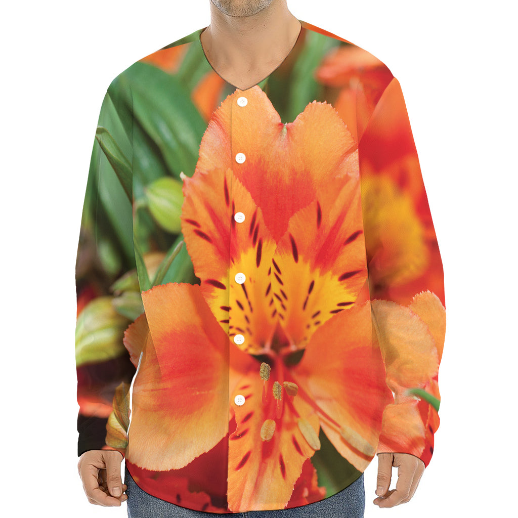 Orange Alstroemeria Print Long Sleeve Baseball Jersey