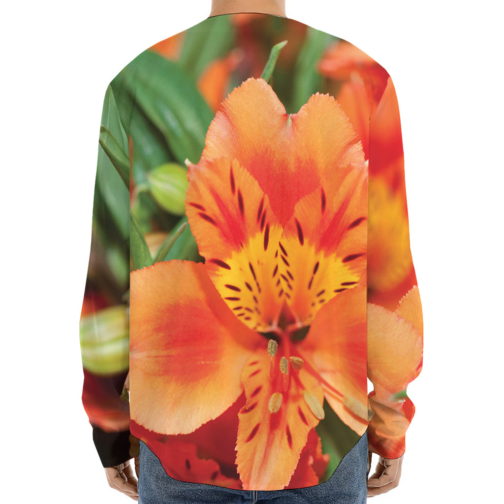 Orange Alstroemeria Print Long Sleeve Baseball Jersey