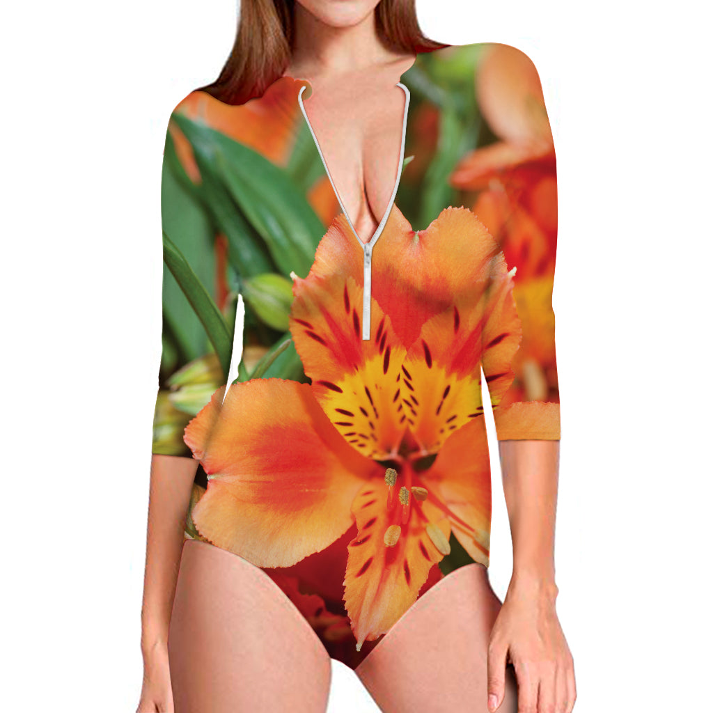 Orange Alstroemeria Print Long Sleeve Swimsuit