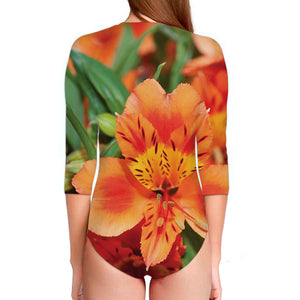 Orange Alstroemeria Print Long Sleeve Swimsuit