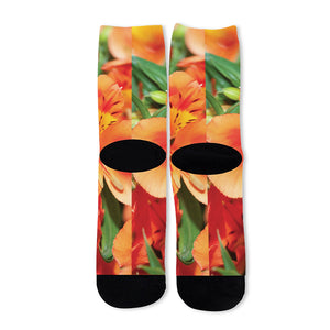 Orange Alstroemeria Print Long Socks