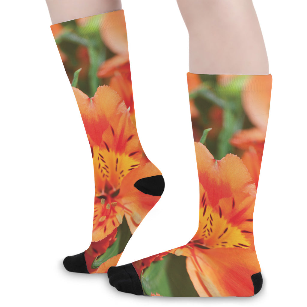 Orange Alstroemeria Print Long Socks