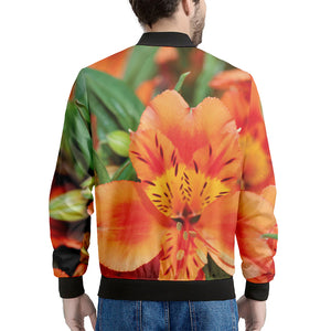 Orange Alstroemeria Print Men's Bomber Jacket