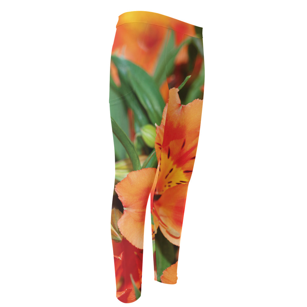 Orange Alstroemeria Print Men's Compression Pants