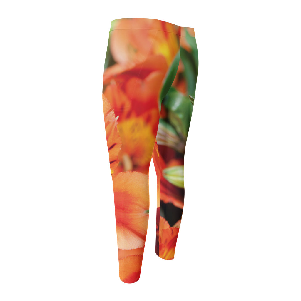 Orange Alstroemeria Print Men's Compression Pants