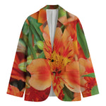 Orange Alstroemeria Print Men's Cotton Blazer