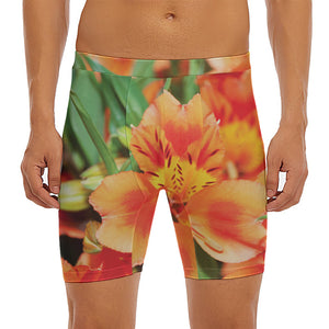 Orange Alstroemeria Print Men's Long Boxer Briefs