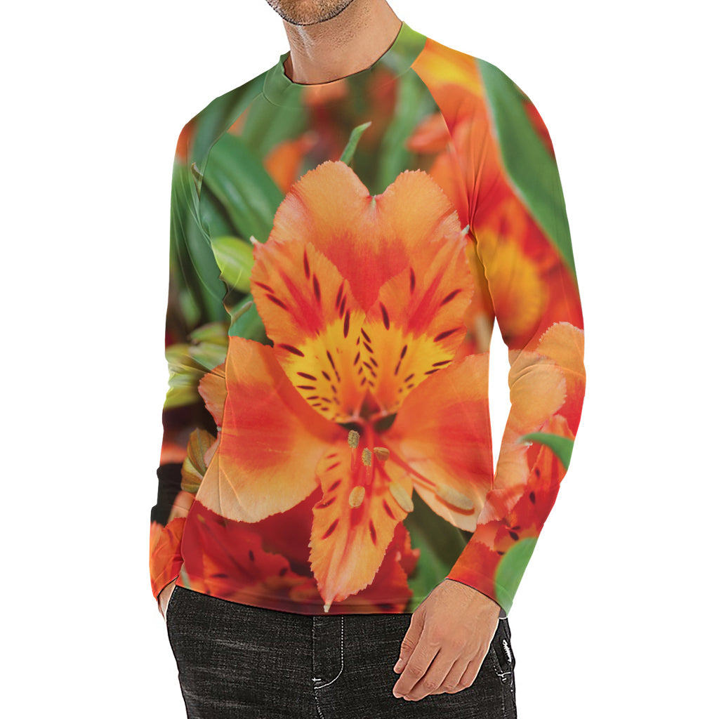 Orange Alstroemeria Print Men's Long Sleeve Rash Guard