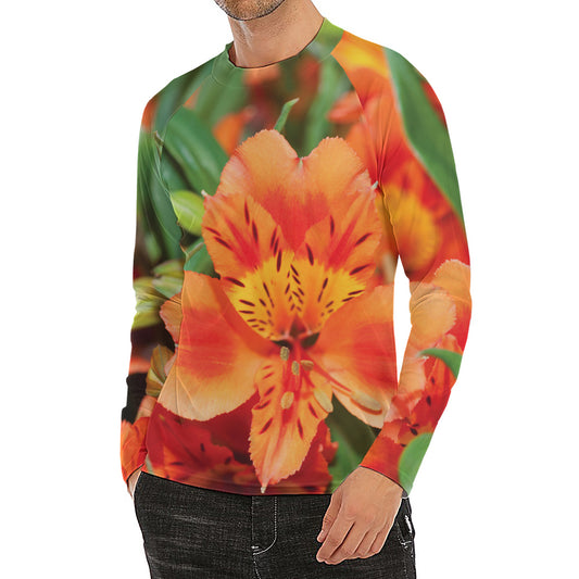 Orange Alstroemeria Print Men's Long Sleeve Rash Guard