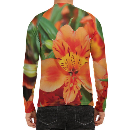 Orange Alstroemeria Print Men's Long Sleeve Rash Guard