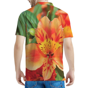 Orange Alstroemeria Print Men's Polo Shirt