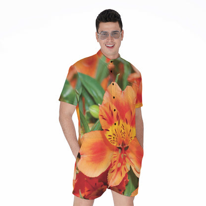 Orange Alstroemeria Print Men's Rompers