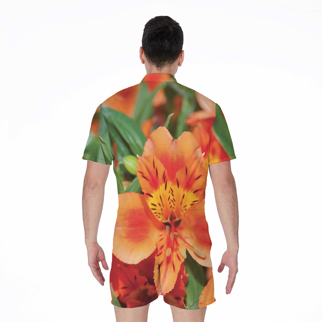 Orange Alstroemeria Print Men's Rompers