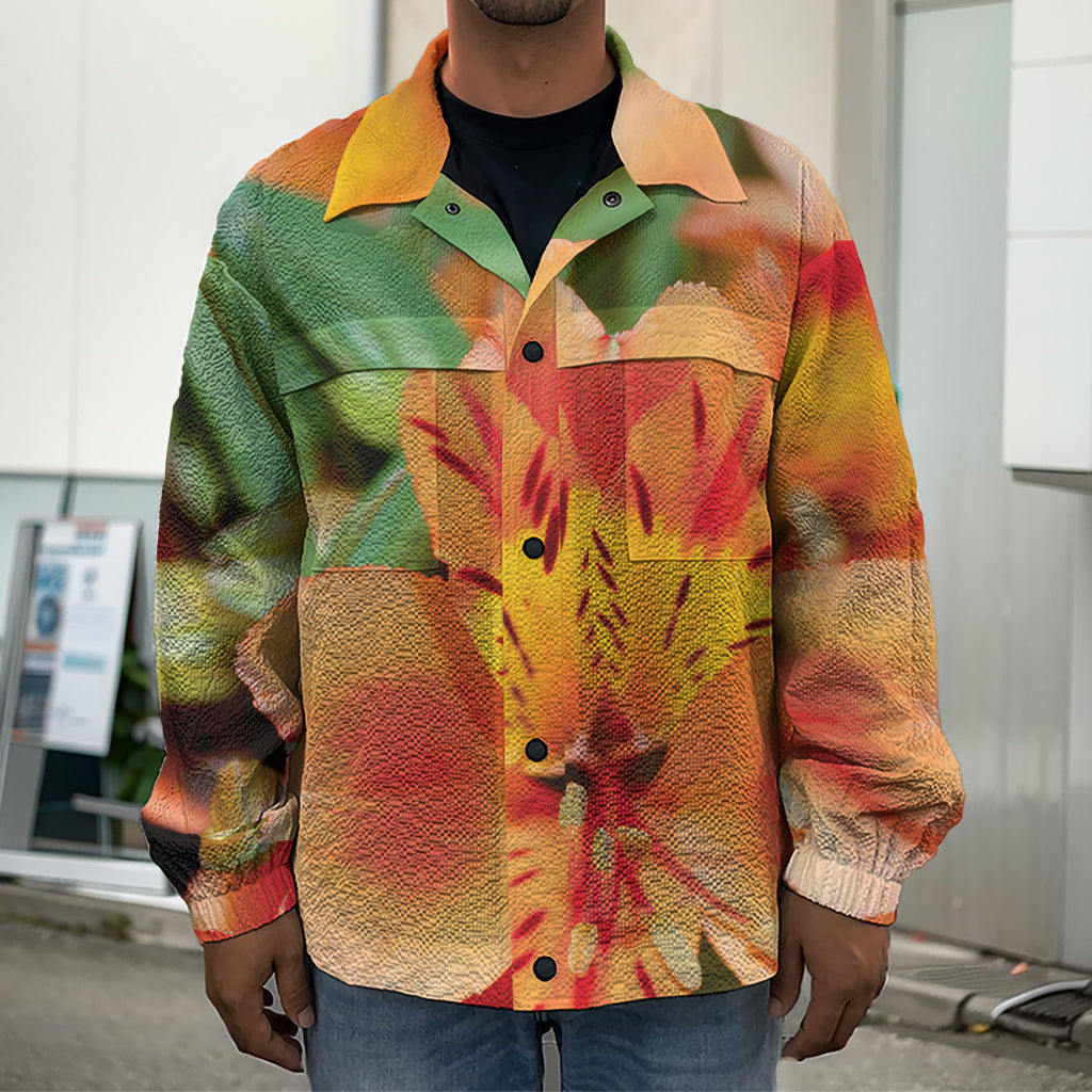 Orange Alstroemeria Print Men's Shirt Jacket