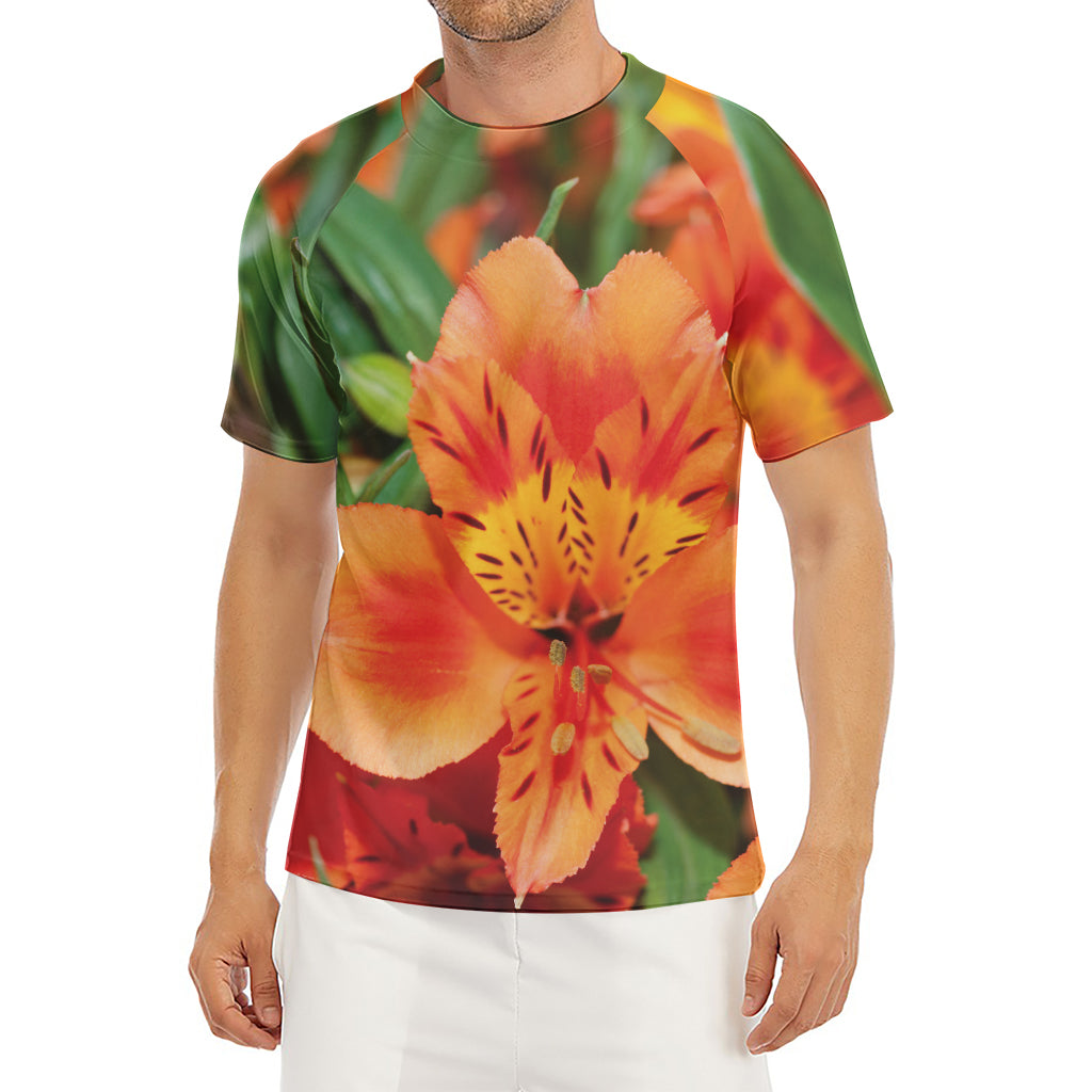 Orange Alstroemeria Print Men's Short Sleeve Rash Guard