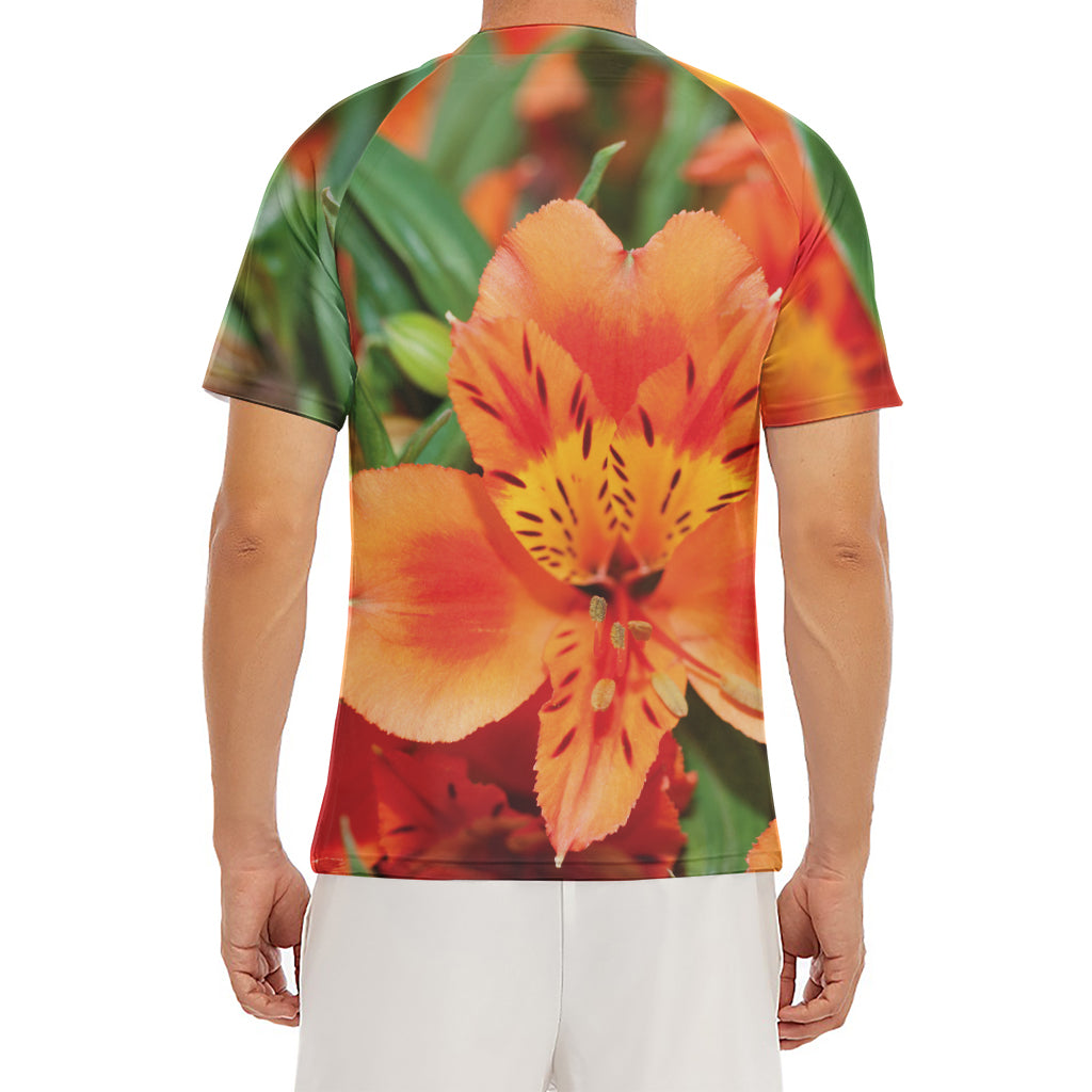 Orange Alstroemeria Print Men's Short Sleeve Rash Guard