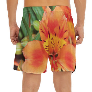 Orange Alstroemeria Print Men's Split Running Shorts