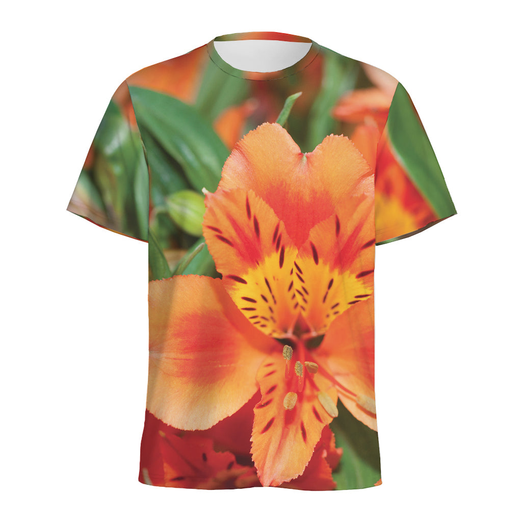 Orange Alstroemeria Print Men's Sports T-Shirt