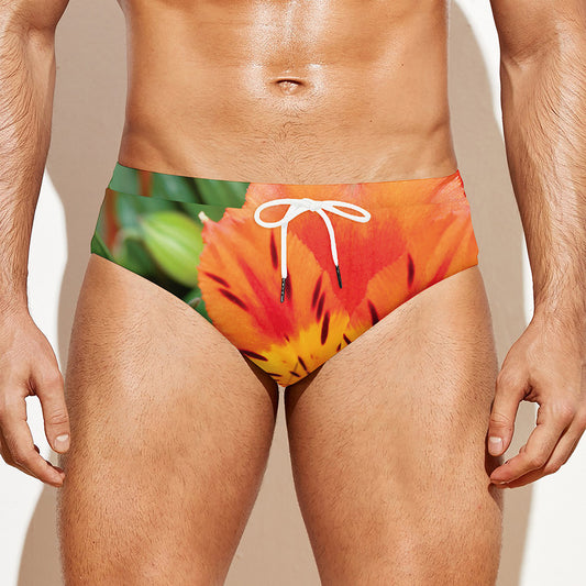 Orange Alstroemeria Print Men's Swim Briefs