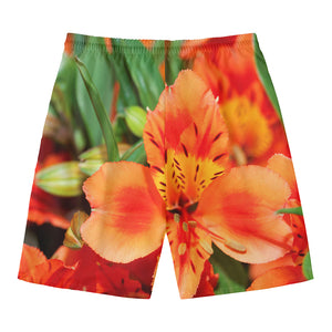 Orange Alstroemeria Print Men's Swim Trunks