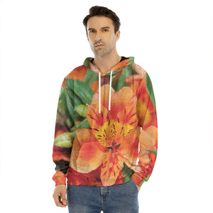 Orange Alstroemeria Print Men's Velvet Pullover Hoodie