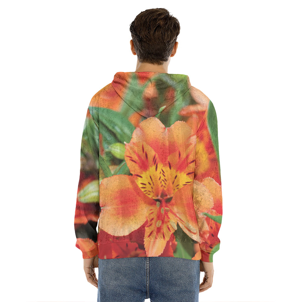 Orange Alstroemeria Print Men's Velvet Pullover Hoodie