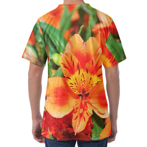 Orange Alstroemeria Print Men's Velvet T-Shirt