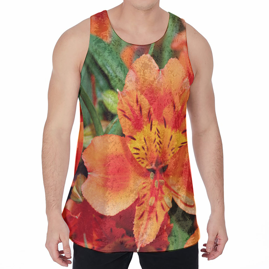 Orange Alstroemeria Print Men's Velvet Tank Top