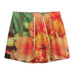 Orange Alstroemeria Print Mesh Shorts