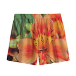 Orange Alstroemeria Print Mesh Shorts