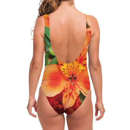 Orange Alstroemeria Print One Piece Swimsuit