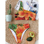 Orange Alstroemeria Print One Shoulder Bikini Top