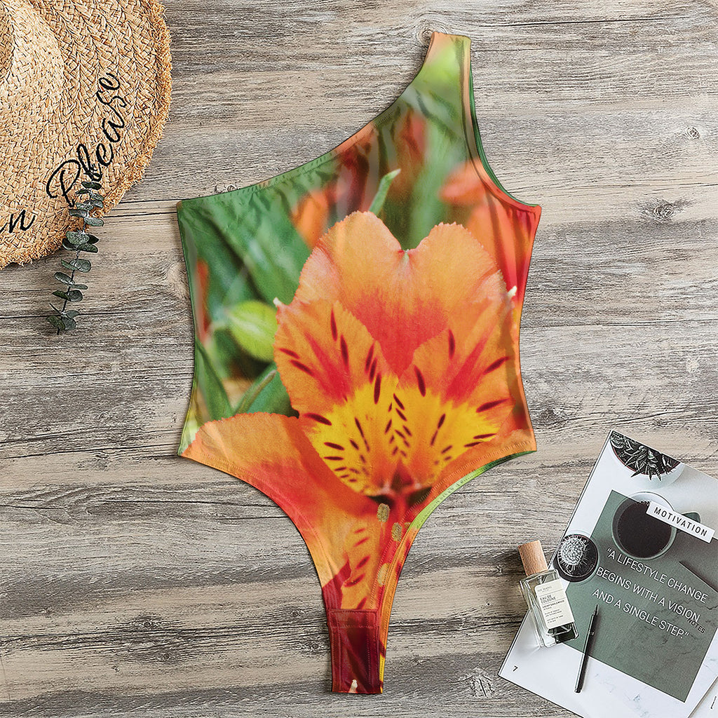 Orange Alstroemeria Print One Shoulder Bodysuit