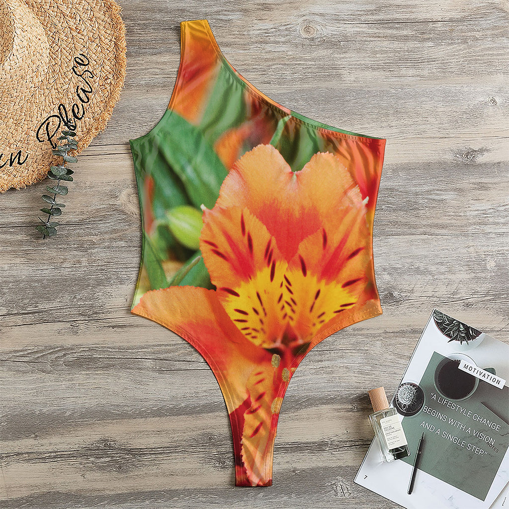 Orange Alstroemeria Print One Shoulder Bodysuit