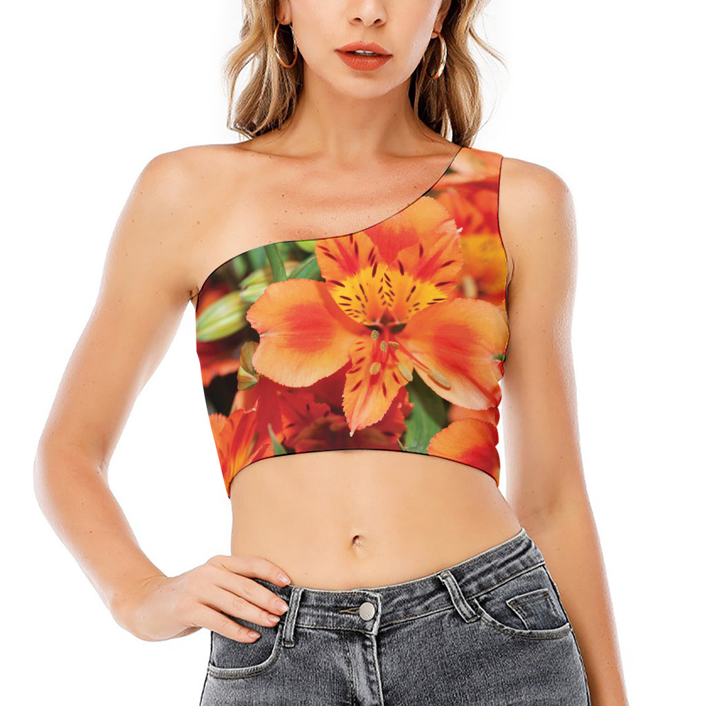 Orange Alstroemeria Print One Shoulder Crop Top