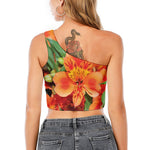 Orange Alstroemeria Print One Shoulder Crop Top