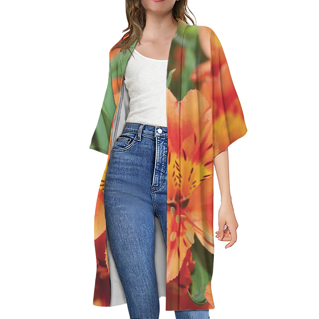 Orange Alstroemeria Print Open Front Beach Cover Up