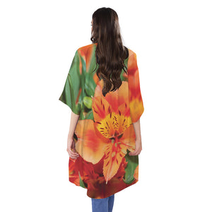 Orange Alstroemeria Print Open Front Beach Cover Up