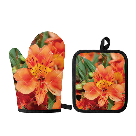 Orange Alstroemeria Print Oven Mitt And Pot Holder Set