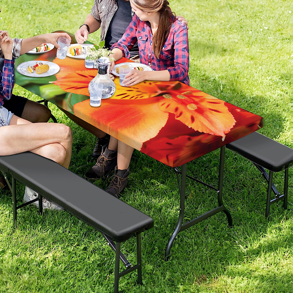 Orange Alstroemeria Print Picnic Table Cover