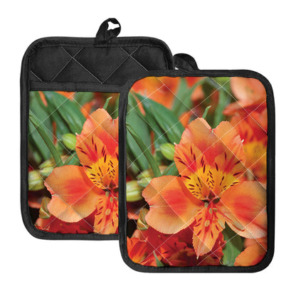 Orange Alstroemeria Print Pot Holders With Pocket