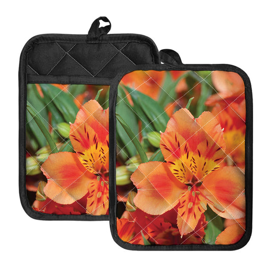 Orange Alstroemeria Print Pot Holders With Pocket