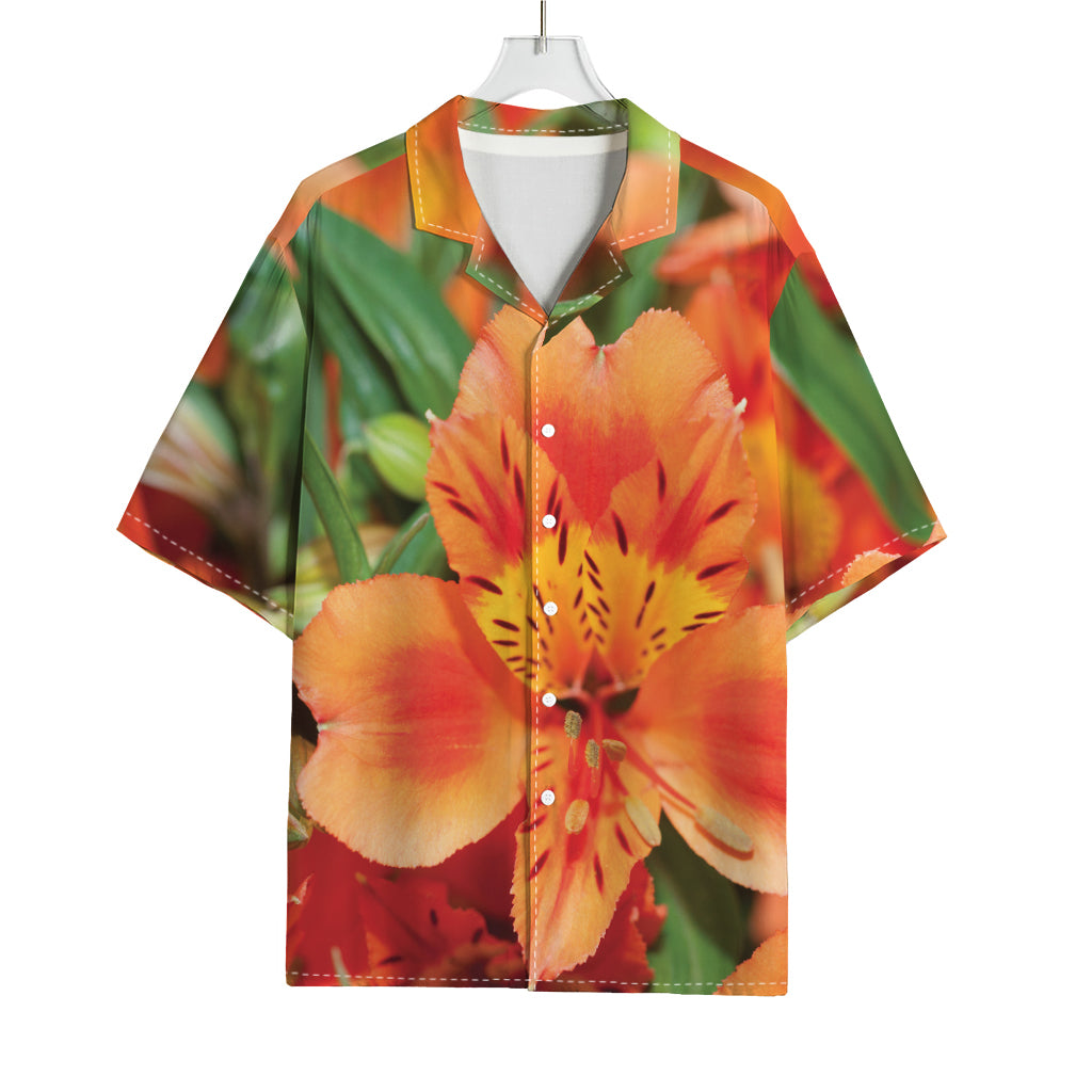 Orange Alstroemeria Print Rayon Hawaiian Shirt