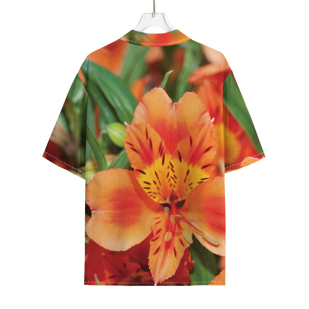 Orange Alstroemeria Print Rayon Hawaiian Shirt