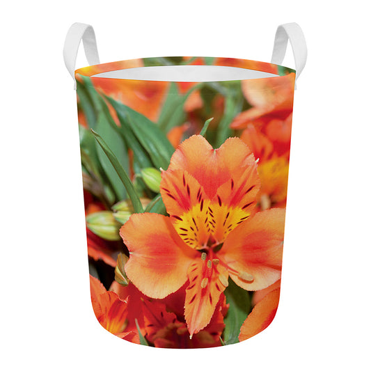 Orange Alstroemeria Print Round Laundry Basket