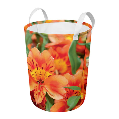 Orange Alstroemeria Print Round Laundry Basket