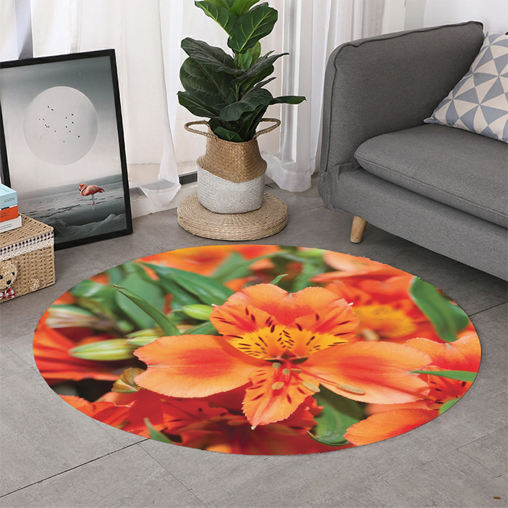 Orange Alstroemeria Print Round Rug