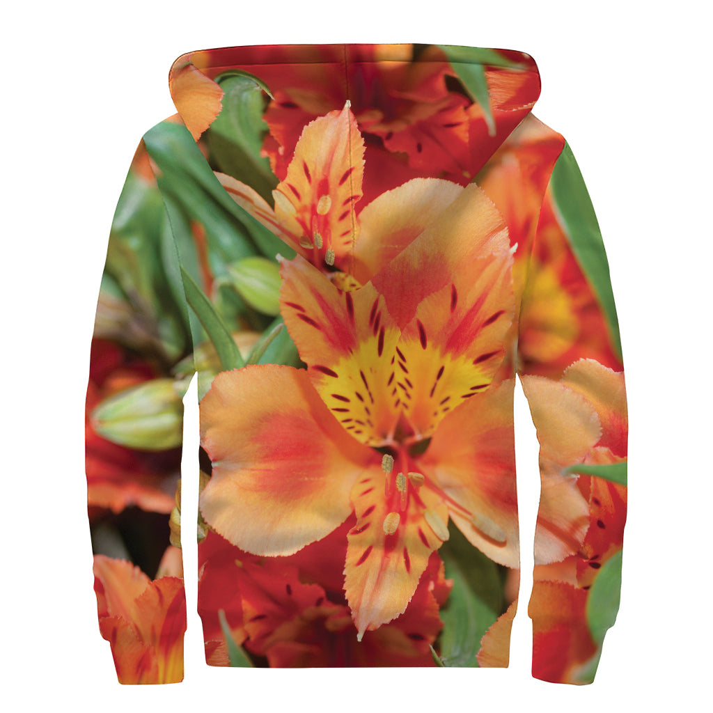 Orange Alstroemeria Print Sherpa Lined Zip Up Hoodie