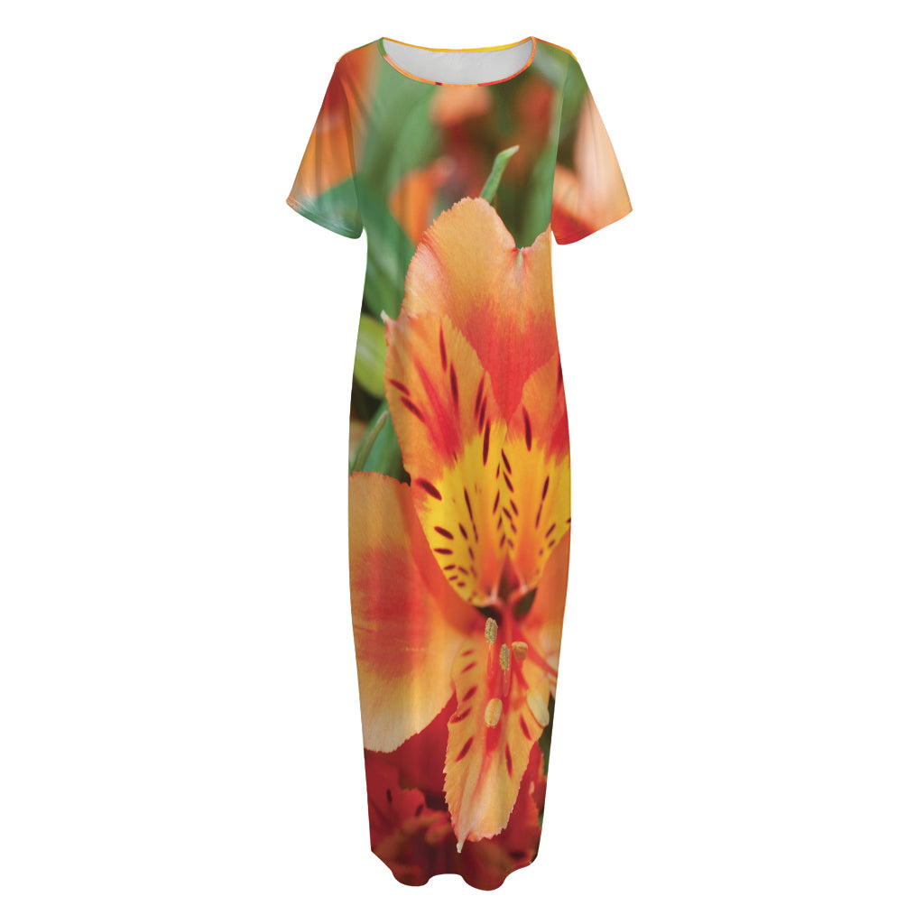 Orange Alstroemeria Print Short Sleeve Long Nightdress